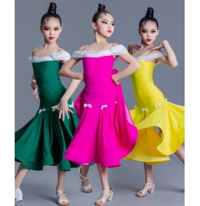 Dark Green yellow hot pink ballroom dance dresses for girls kids waltz tango foxtrot smooth dance long party show pageant ball gown for kids